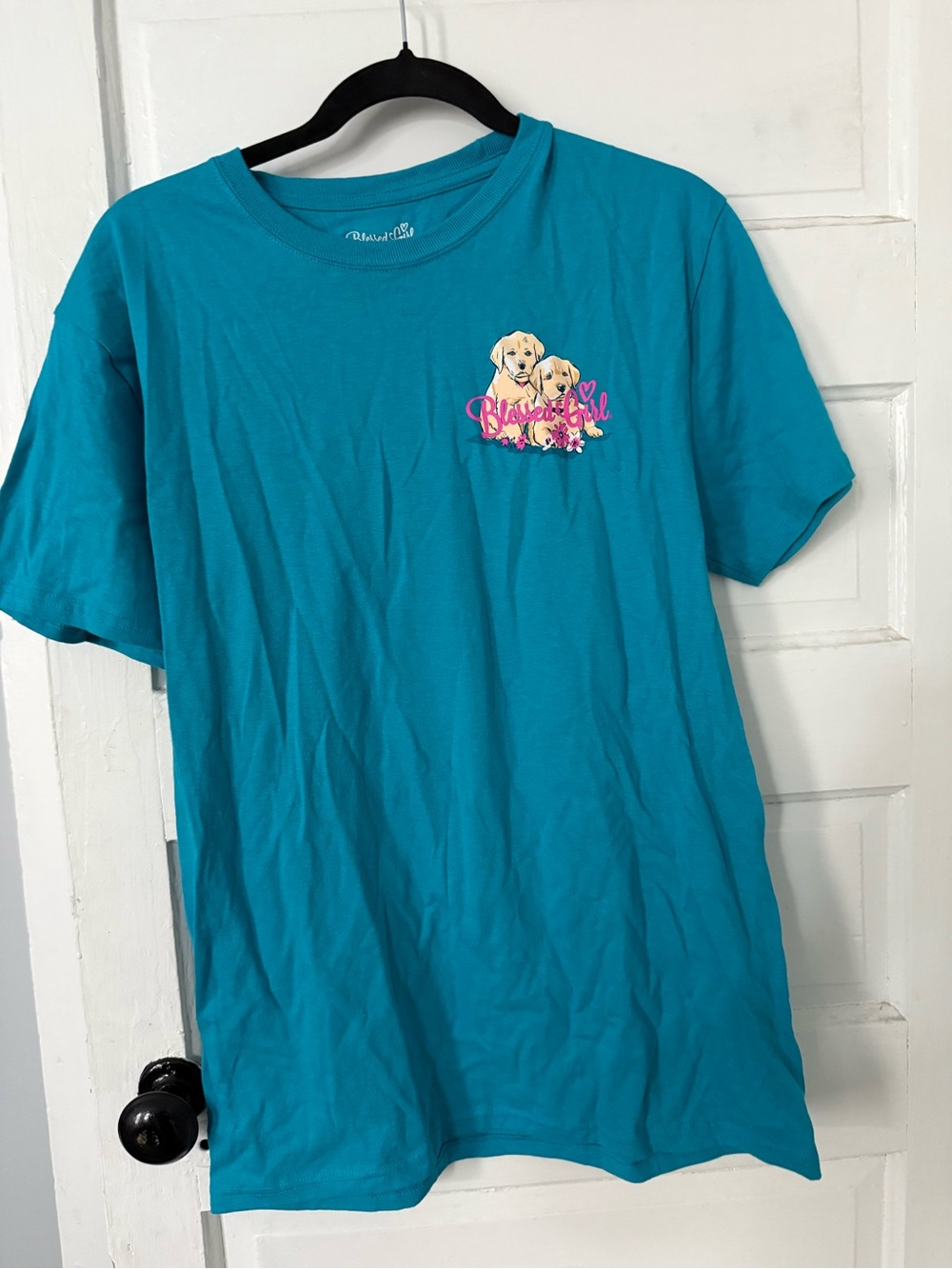 Blue Teal Short Sleeve Tee with Puppy Graphic - Unknown Brand
